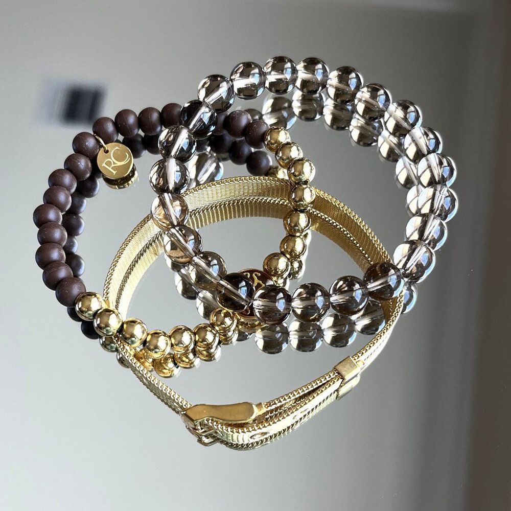 Rustic Cuff Stackable Stretch Bracelet Set Golds … - image 4